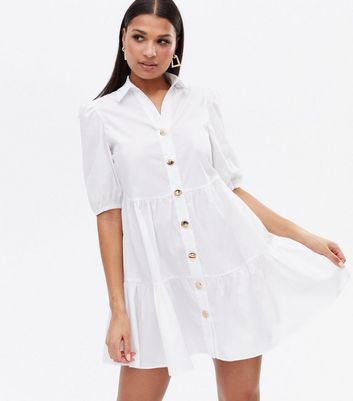 White Poplin Mini Smock Shirt Dress ...